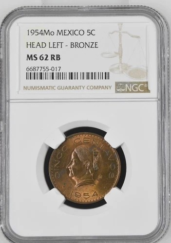 Mexico 5 Centavos 1954 Mo NGC MS 62 RB