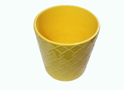 Sunny Yellow Ceramic Vase or Planter With Geometric Lattice Pattern Home Decor