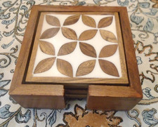 SET OF FOUR WOOD COASTERS - IN WOOD CASE - NEW