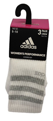 Adidas Women's 3-Stripe Performance Aeroready 3 Pair Crew Socks Shoe Size 5-10