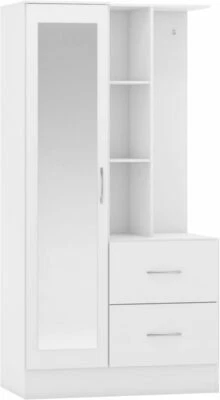 SECONIQUE NEVADA WHITE GLOSS MIRRORED DOOR 2 DRAWER OPEN SHELF WARDROBE