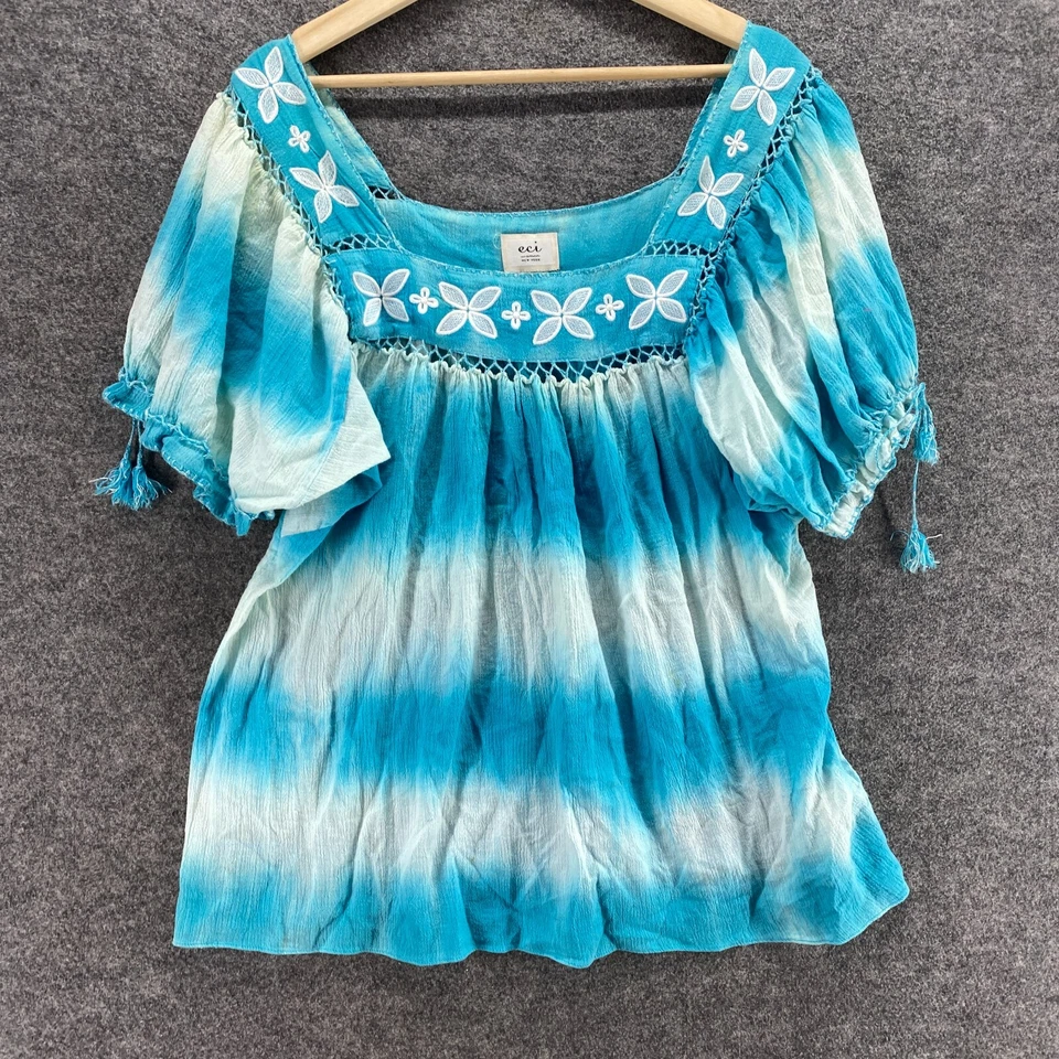 Blusa ECI Mujer 14 Azul Rayas Cuello Cuadrado Manga Corta Algodón Pullover Informal Foto 4 de 4