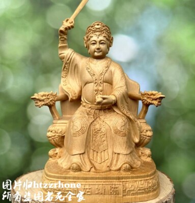 Cypress Wood Carved Chen Jing Gu Goddess Statue Guardian Patron Figure Home Deco