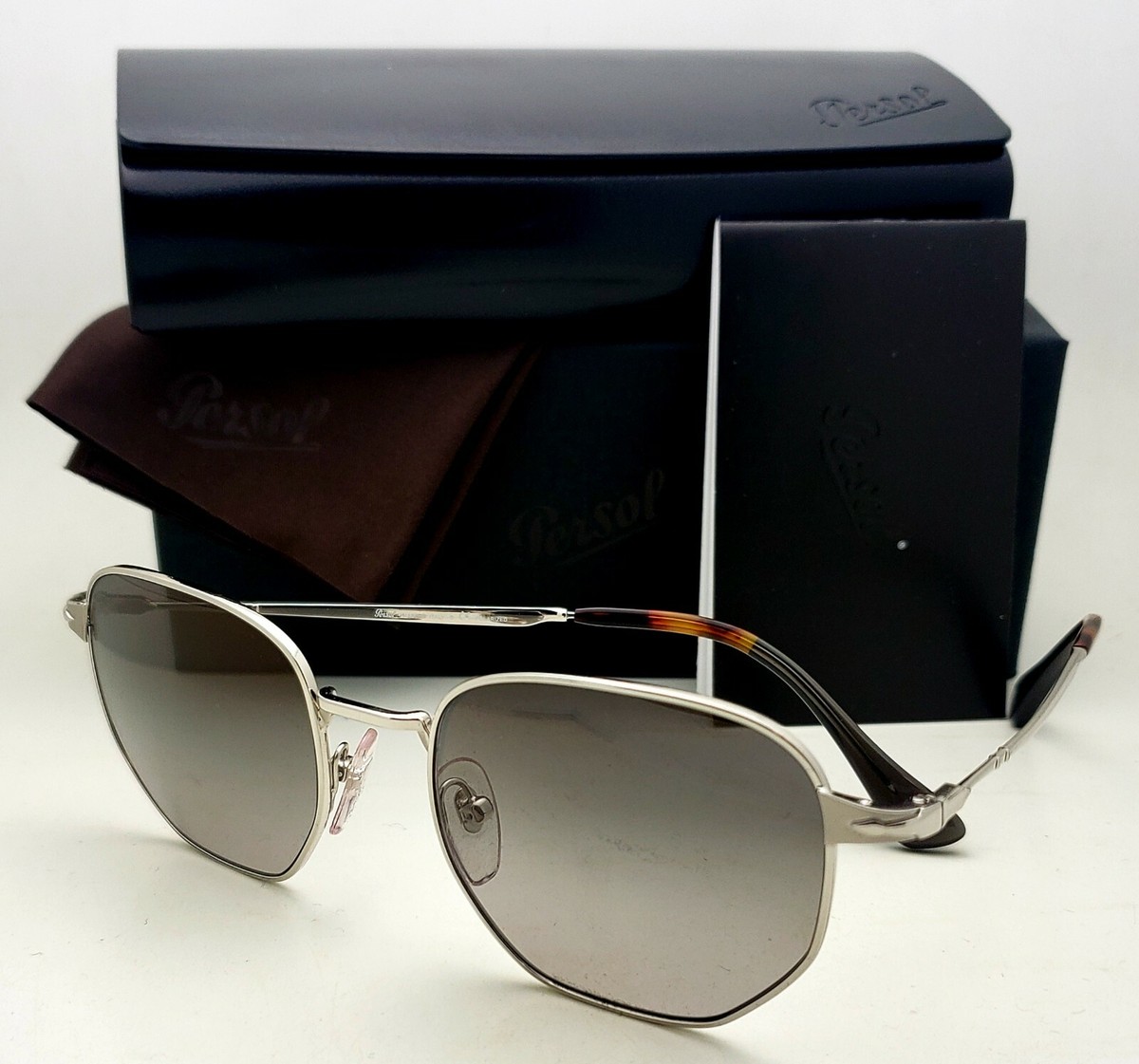New PERSOL Sunglasses 2446-S 518/M3 52-20 Silver Frames Grey Polarized  Lenses