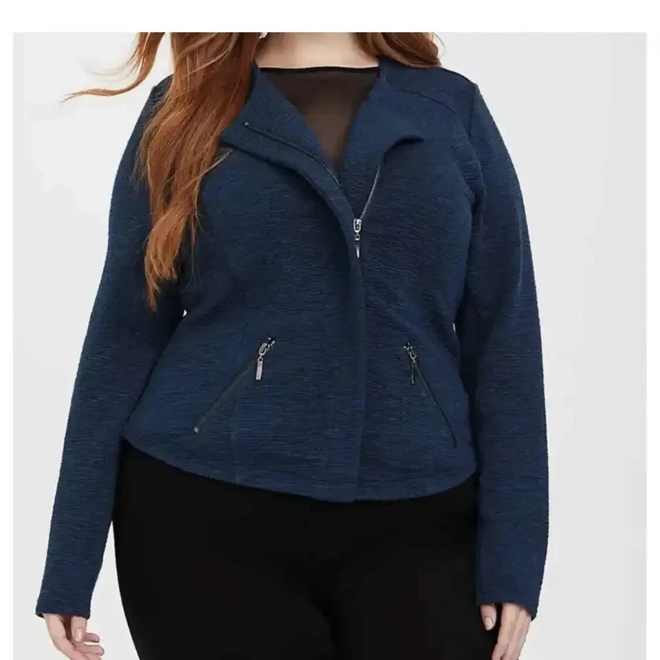 Chaqueta Torrid Moto Blazer Tejido Suave 2X Manga Larga Cremallera Completa Versátil Azul Foto 4 de 4