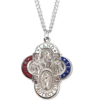 925 Sterling Silver Catholic 4 Four Way Pendant Medal Necklace With Chain & Box