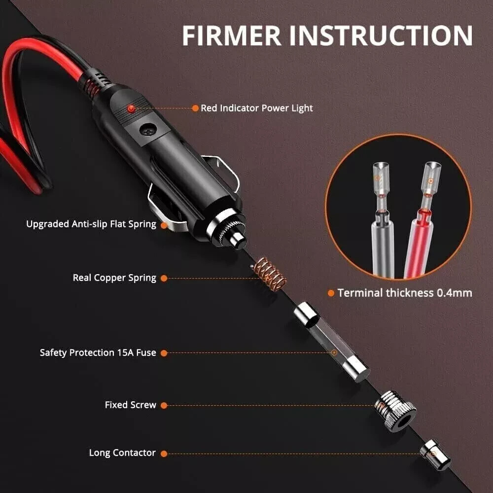 2Pcs Fused Male Car Cigarette Lighter Socket Plug Connector Cable Leads 12V~24V