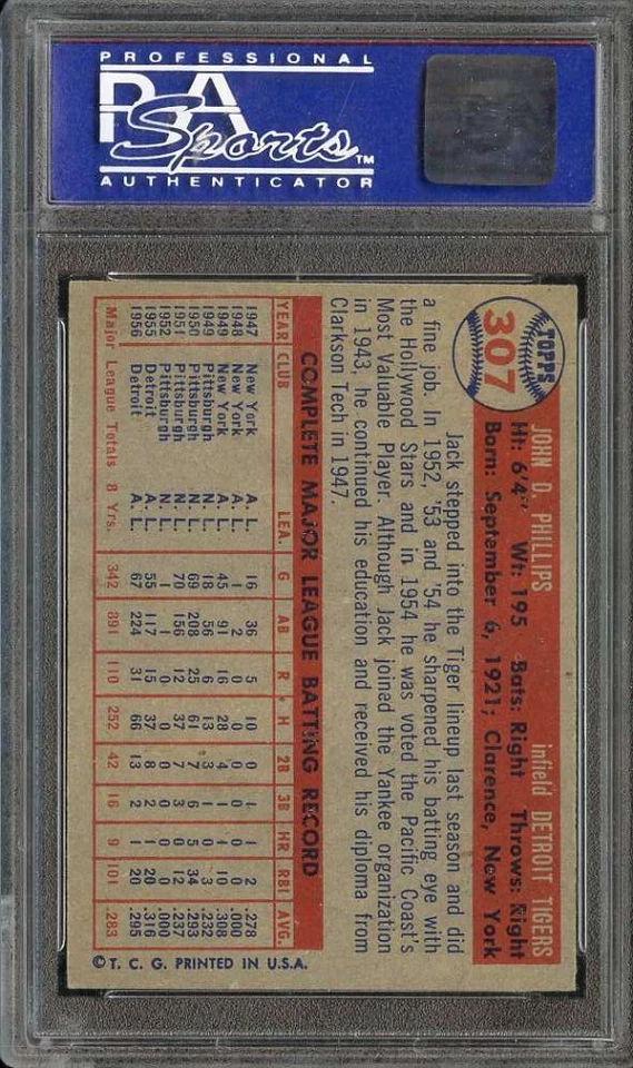 1957 TOPPS #307 JACK PHILLIPS PSA 7 TIGERS DP - Image 2 of 2