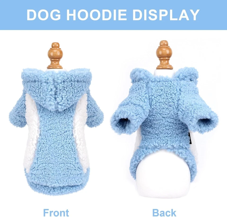 Small Dog Hoodie Sweater with Hat Warm Soft Pet Clothes Winter Coat Blue - Image 4 of 4