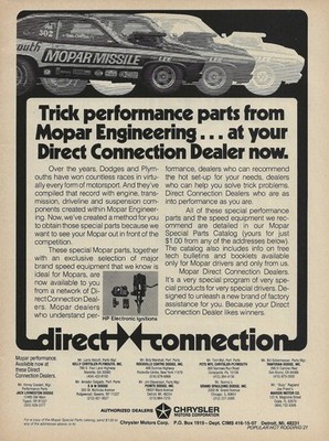 1973 Direct Connection Magazine Ad Mopar Missile Plymouth Duster Don Carlton 74