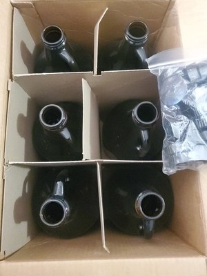 6 - Glass  Jug 64 oz Amber Brown Half Gallon Handle Jugs with 18 Tops  NEW