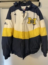 Vtg 90s Apex Michigan Wolverines Hooded Puffer Jacket Two Sided Mens L