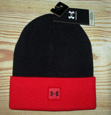 MENS UNDER ARMOUR BLACK RED BEANIE HAT ONE SIZE