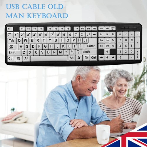 104 Keys USB Wired White Keys Black Letter Large Print Keyboard for Old People