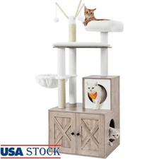 2-in-1 Cat Condo Cat Tree Litter Box Enclosure Scratching Post Indoor Greige