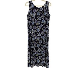 Vintage 1990’s Blue Large Floral Print Midi Dress Womens Small Cottage Fairy 