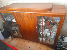 Brown Wood & Glass 3 Door Display Cabinet, Freestanding, Glass Doors, Shelves
