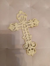 Cast Iron Hanging Wall Cross Decor Cream Off White Distressed Finish 11.5" By 8"