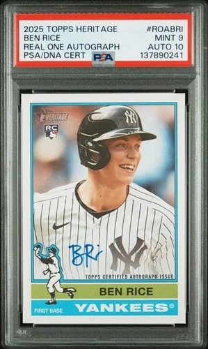 2025 Topps Heritage BEN RICE roabri Real One Auto RC PSA 9 MINT DNA 10 GEM MINT