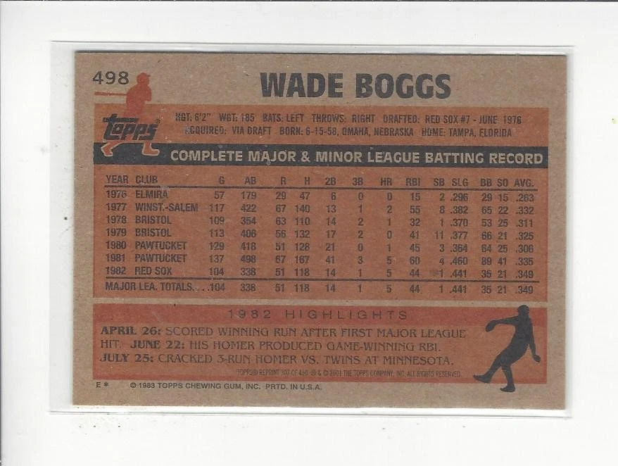 2001 Topps Archives #307 Wade Boggs ('83 Reprint) Red Sox - Image 2 of 2