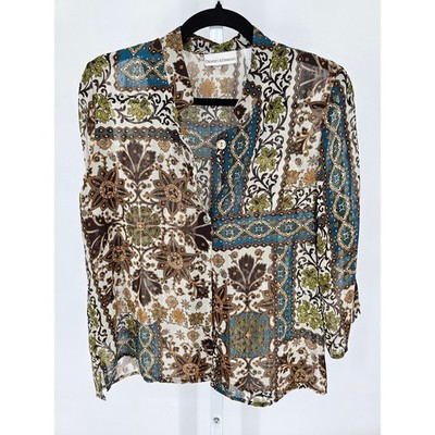 Drapers & Damons Womens Sz M Long Sleeve Button Up Blouse Peasant Brown Blue