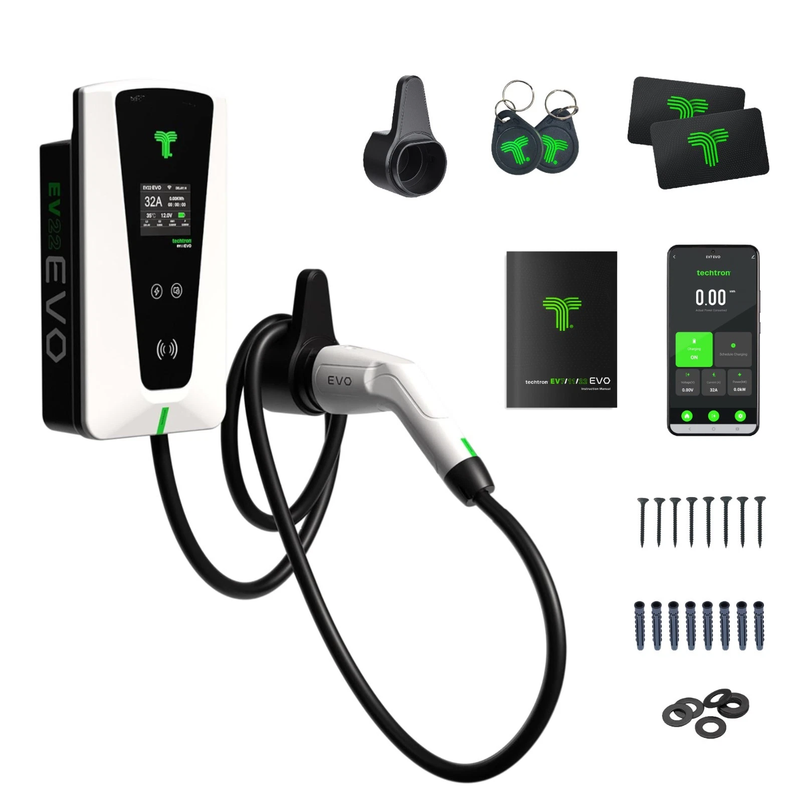 techtron EV22 EVO 22kW three-phase Type 2 smart EV charger and included accessories