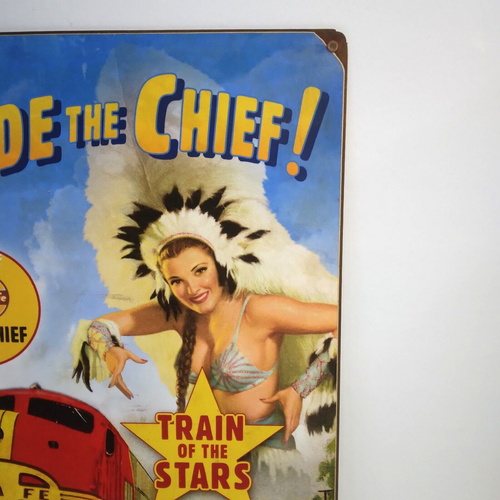 Vintage SANTA FE SUPER CHIEF "RIDE THE CHIEF" Pin-Up Girl Railroad Metal Sign - Picture 3 of 9