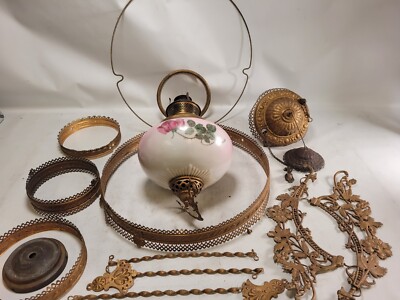 Antique Victorian Hanging Parlor Oil Lamp Peach Floral Ships Glass