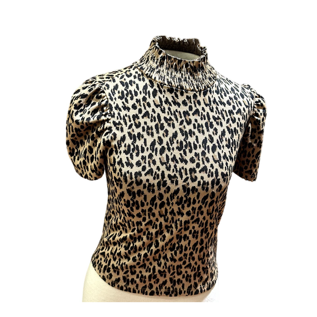 Zara Cheetah Short Sleeve Sweater Top, smocking at neckline, SZ Sm