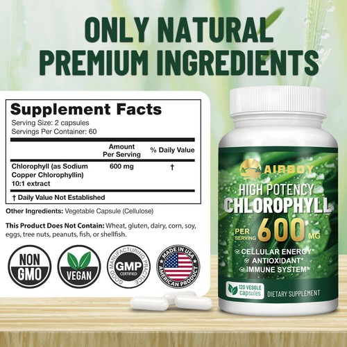 Chlorophyll Kapseln 600mg - Antioxidans, Immununterstützung, Haut & inneres Deodorant - Bild 2 von 12