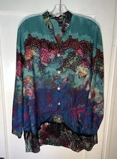 Citron Santa Monica Silk Tunic Blouse Button Green Blue Size L.  d718