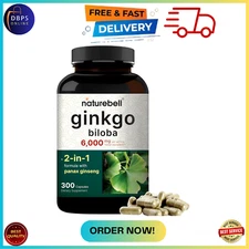 Ginkgo Biloba 6000mg w/ Red Panax Ginseng for Memory Focus Brain Health 300 Caps