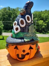 Vintage Ceramic Lighted Pumpkin Jack O Lantern 9" Tall Pumpkin Witch Hat Boo