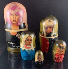 LADY GAGA HAND PAINTED HANDMADE WOODEN NESTING DOLL MATRYOSHKA 5 PIECE SET RARE