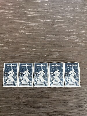Unused BABE RUTH 20 Cent U.S. Stamps (Strip of 5)
