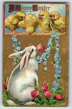 Easter Postcard Bunny Rabbit With Flowers Baby Chicks Embossed Hanlontown IA