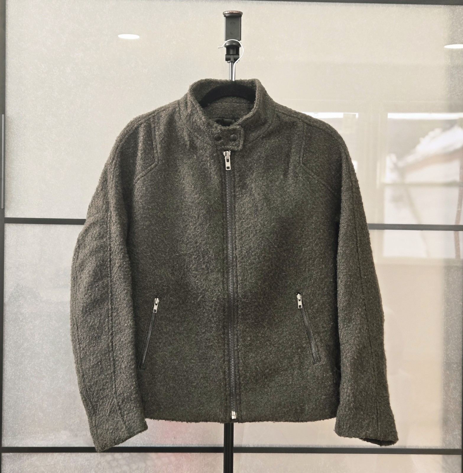 Green Wool Jacket with Zippered Closure