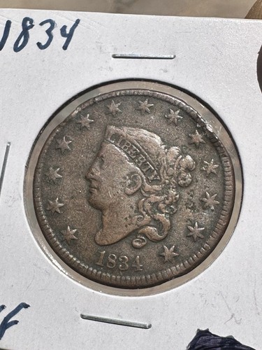 1834 Coronet Head large cent- F/VF- Nipped Corner - Picture 2 of 9