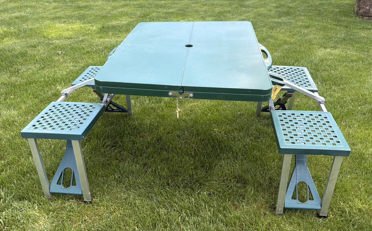 Vintage Green Children's Folding Table W/Umbrella Hole MCM Camping