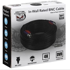 Night Owl Black In-Wall Rated 100ft BNC/RCA Extension Cable. Open Box Return!