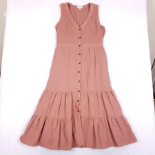 Lost Wander Button Front Tiered Midi Dress L Dusty Rose Cottagecore Boho