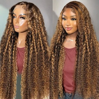 Ombre 13x6 Lace Front Wig Human Hair 210 Density 18'' Deep Wave Honey Blonde HD L