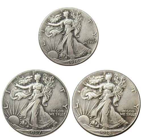 Bulk Lot of 3 1916-1918-S Half Dollar Walking Statue of Liberty Silver Coin