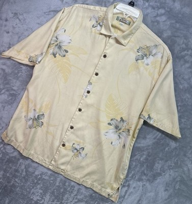 Vintage Tommy Bahama Hawaiian Shirt Men L All Over Floral Bloom Yellow Silk Camp