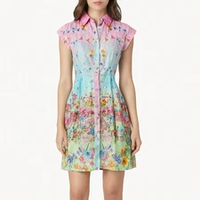 La Fuori Silk Floral Shirt Dress Multicolor Cap Sleeve XS