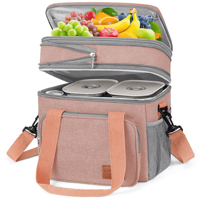 17L Expandable Insulated Lunch Bag Double Deck Leakproof Cooler Pink w/ Strap