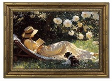 Vintage Gold Framed Canvas Wall Art, Country Woman Reading Painting Picture W...