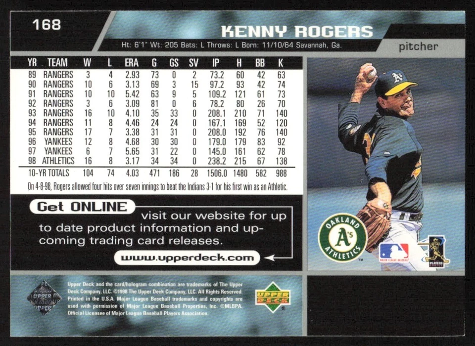 1999 Upper Deck Kenny Rogers #168 Oakland Athletics - Image 2 of 2