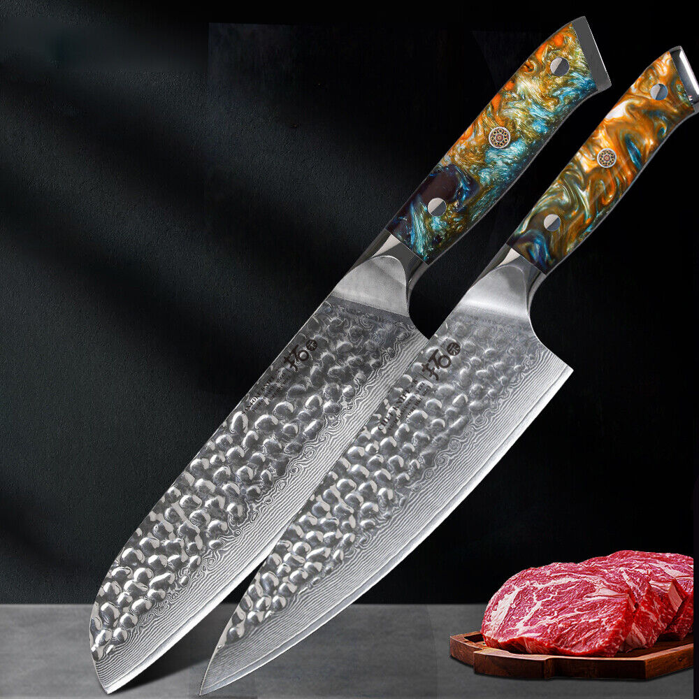 TURWHO Chef Knife + Santoku Japanese VG10 Damascus Steel Hammered Kitchen Knife
