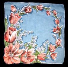 Vintage Scalloped Corner Cotton Blue Tulips Ladies Hankie Handkerchief 14.5" VGC